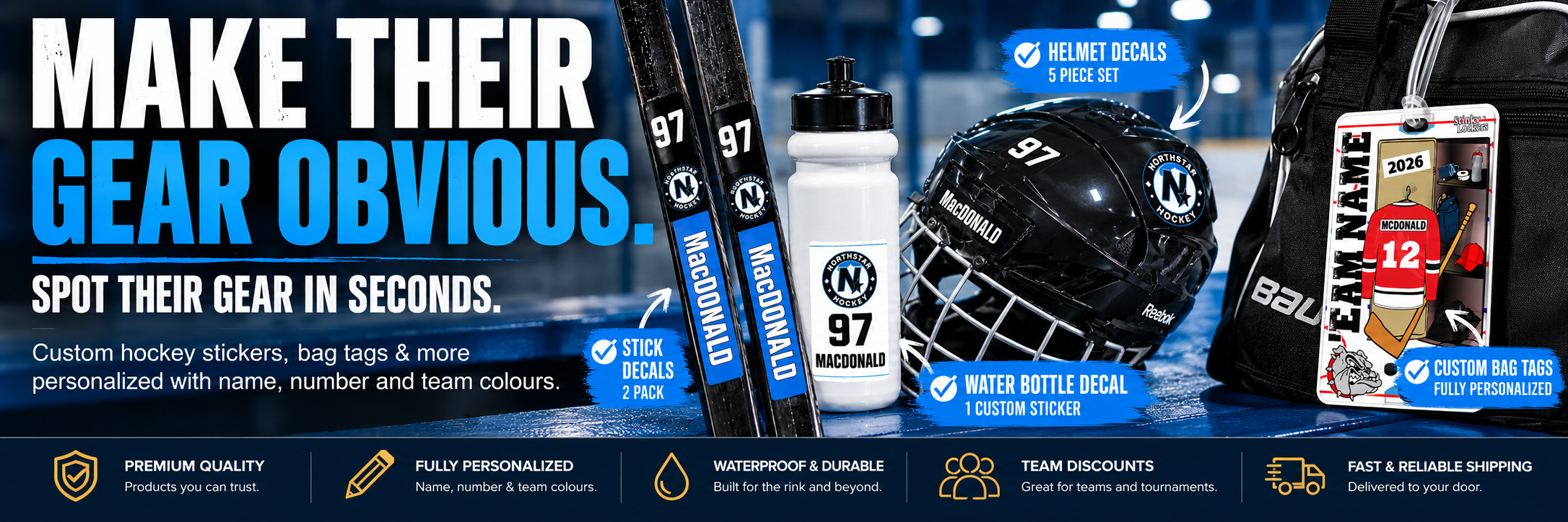 Personalized hockey stick decals, helmet decals, water bottle stickers and bag tags